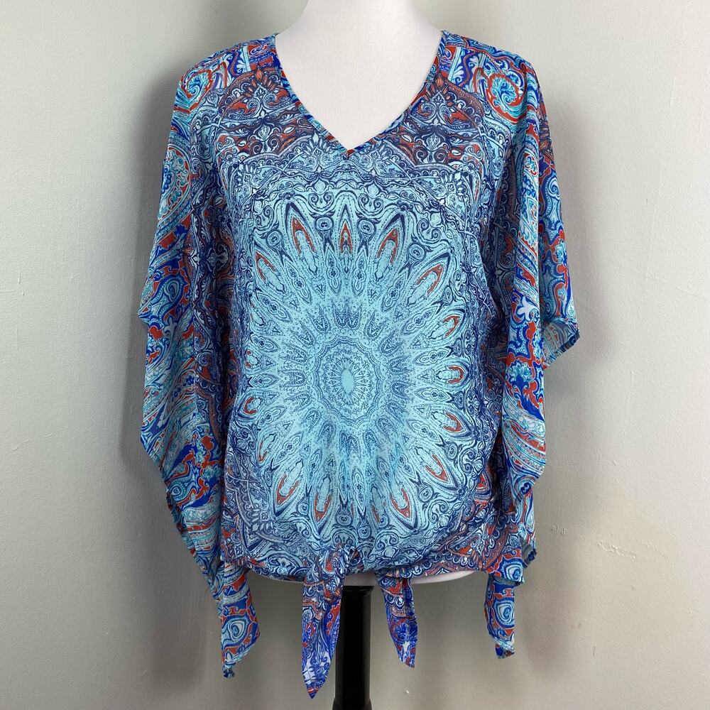 DressBarn Boho Sheer Front Tie Blouse Large Coverup Patriot